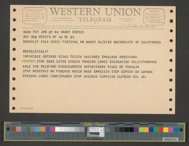 Telegram from Alfredo Gil to Barry Olivier - Digital Collections