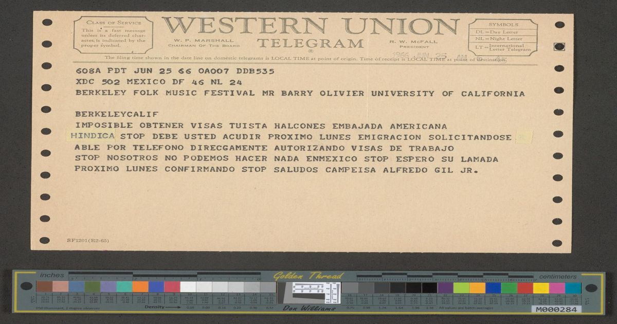 Telegram from Alfredo Gil to Barry Olivier - Digital Collections